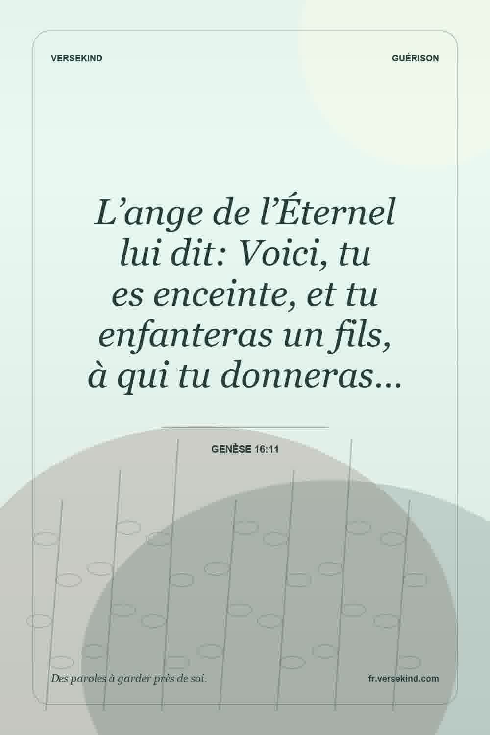 L’ange de l’Éternel lui dit: Voici, tu es enceinte, et tu enfanteras un fils, à qui tu donneras… — Genèse 16:11