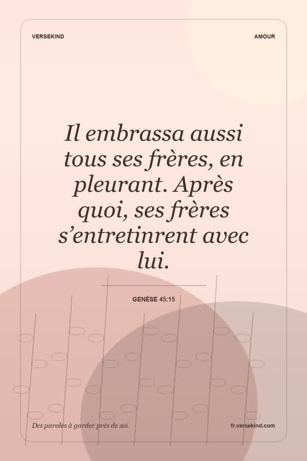 Il embrassa aussi tous ses frères, en pleurant. Après quoi, ses frères s’entretinrent avec lui. — Genèse 45:15