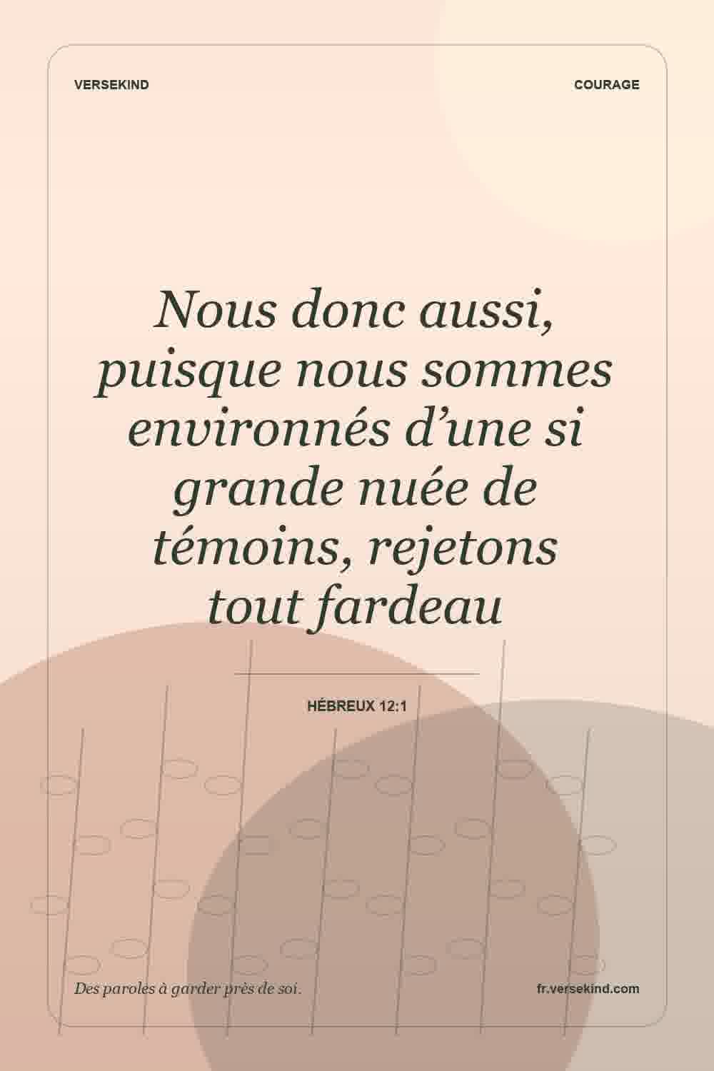 Nous donc aussi, puisque nous sommes environnés d’une si grande nuée de témoins, rejetons tout fardeau — Hébreux 12:1