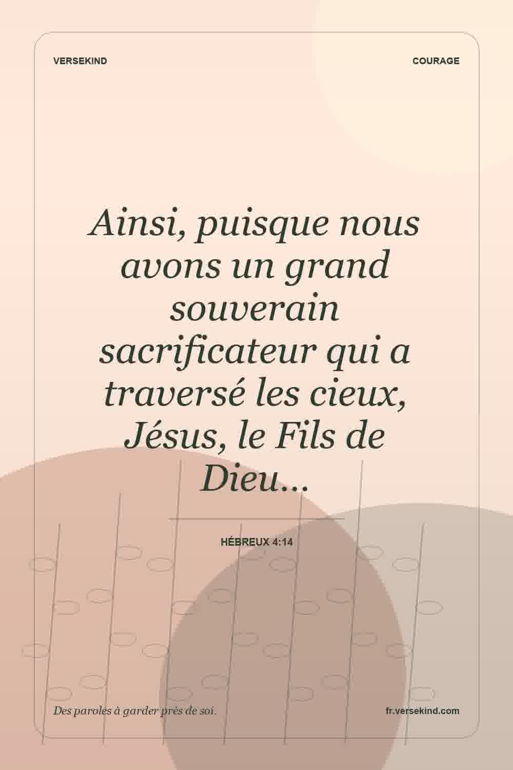Ainsi, puisque nous avons un grand souverain sacrificateur qui a traversé les cieux, Jésus, le Fils de Dieu… — Hébreux 4:14