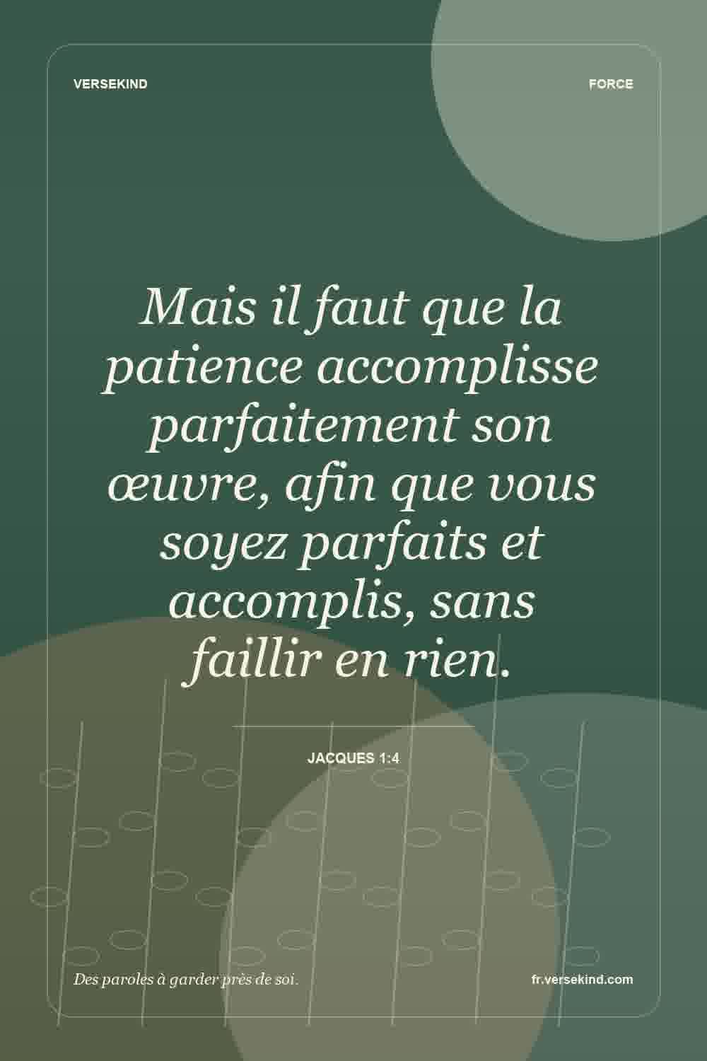 Mais il faut que la patience accomplisse parfaitement son œuvre, afin que vous soyez parfaits et accomplis, sans faillir en rien. — Jacques 1:4
