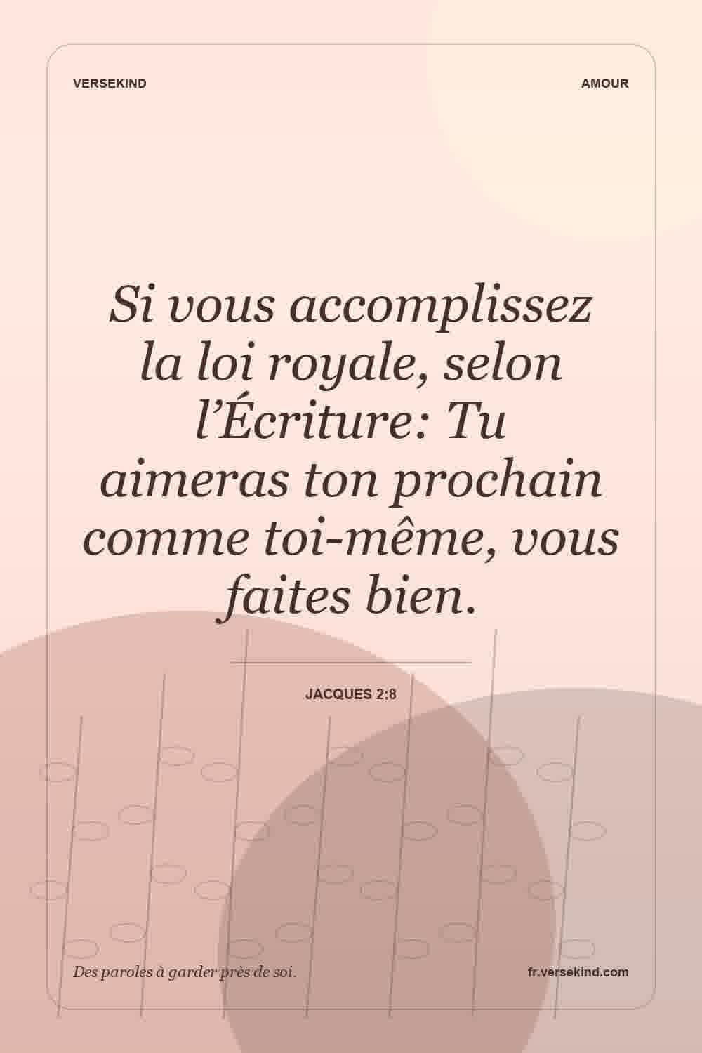 Si vous accomplissez la loi royale, selon l’Écriture: Tu aimeras ton prochain comme toi-même, vous faites bien. — Jacques 2:8