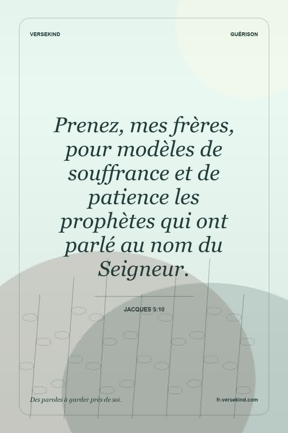 Prenez, mes frères, pour modèles de souffrance et de patience les prophètes qui ont parlé au nom du Seigneur. — Jacques 5:10
