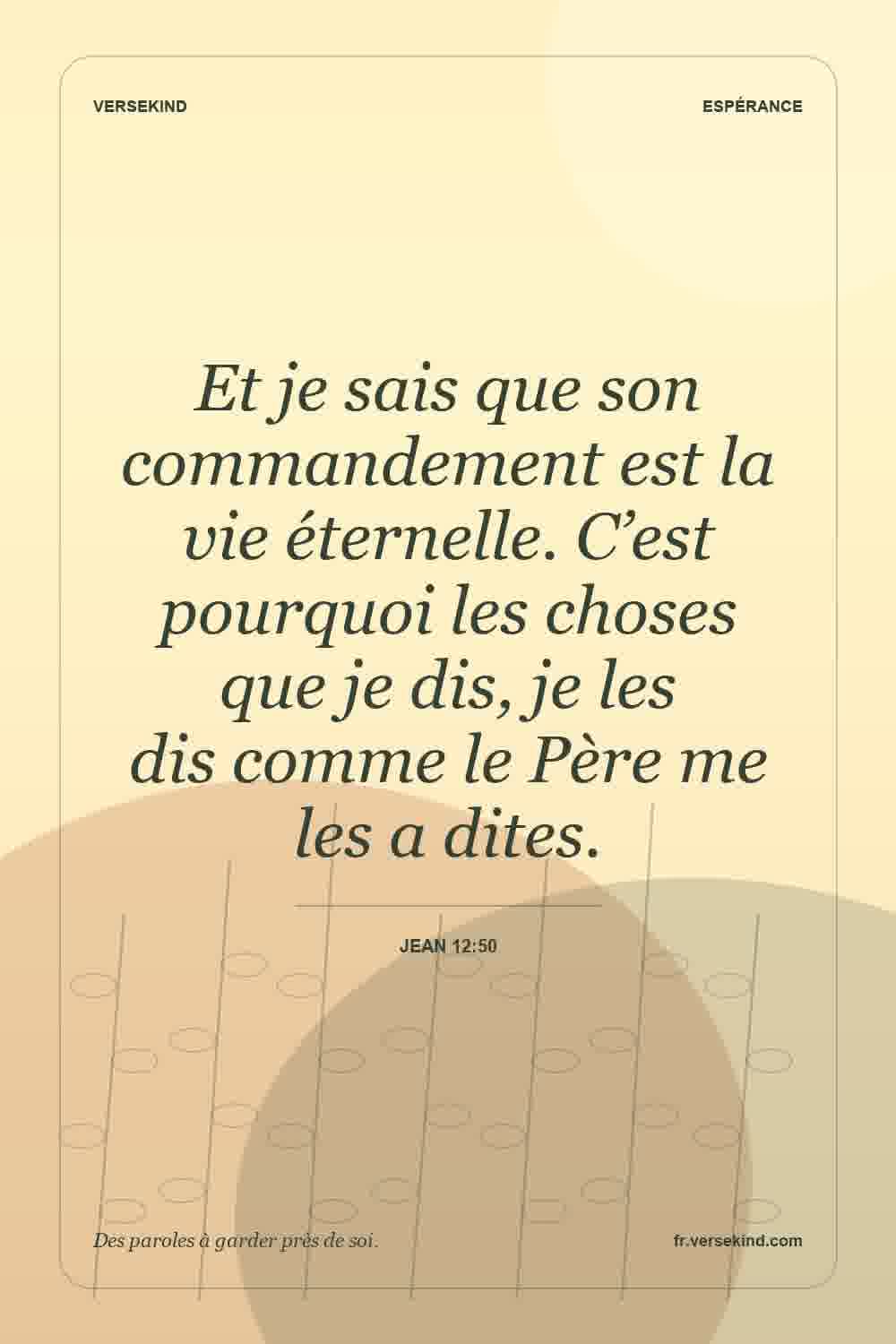 Et je sais que son commandement est la vie éternelle. C’est pourquoi les choses que je dis, je les dis comme le Père me les a dites. — Jean 12:50