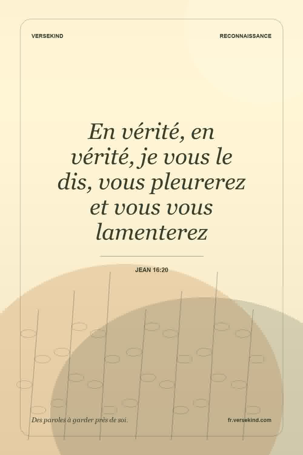 En vérité, en vérité, je vous le dis, vous pleurerez et vous vous lamenterez — Jean 16:20