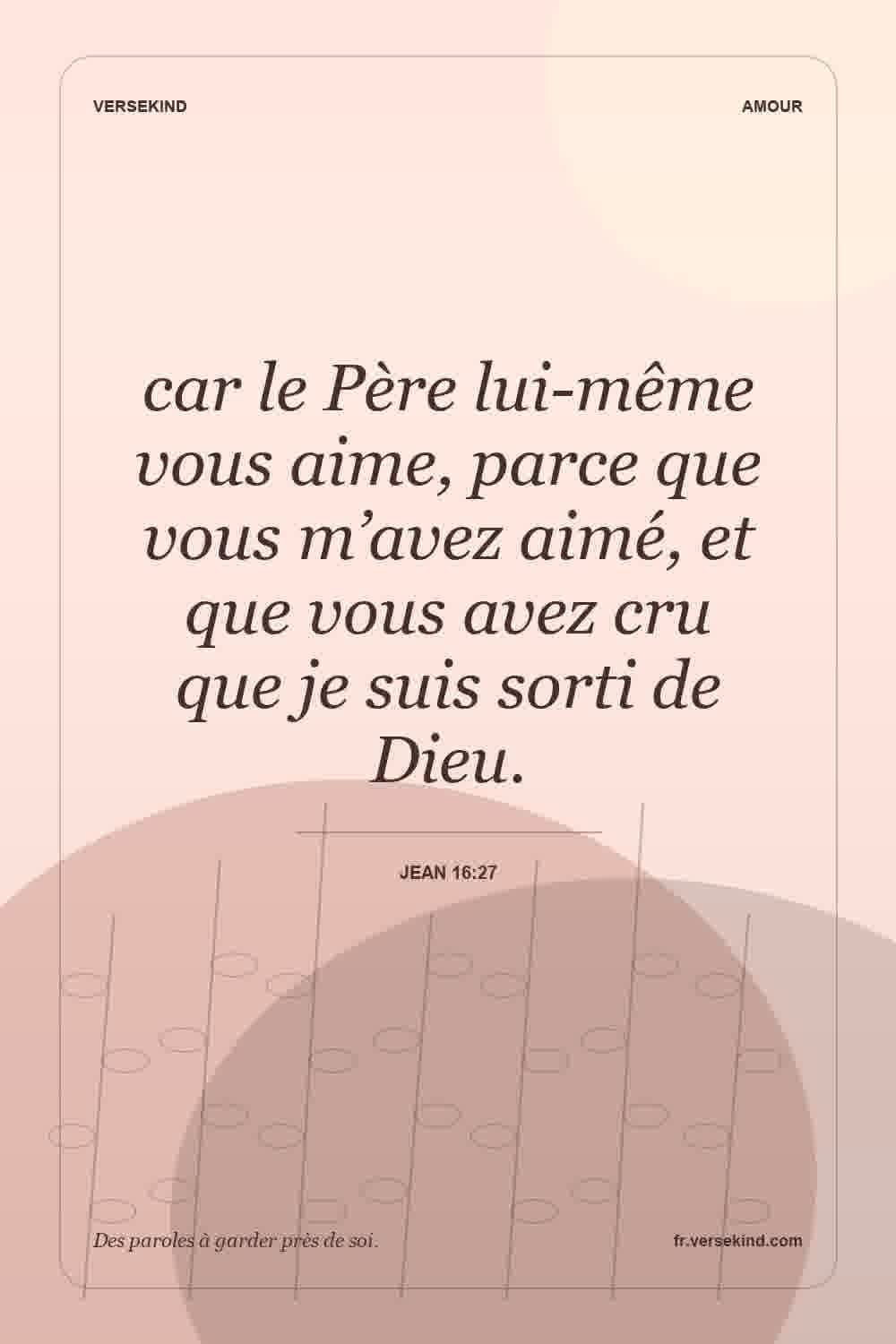 car le Père lui-même vous aime, parce que vous m’avez aimé, et que vous avez cru que je suis sorti de Dieu. — Jean 16:27