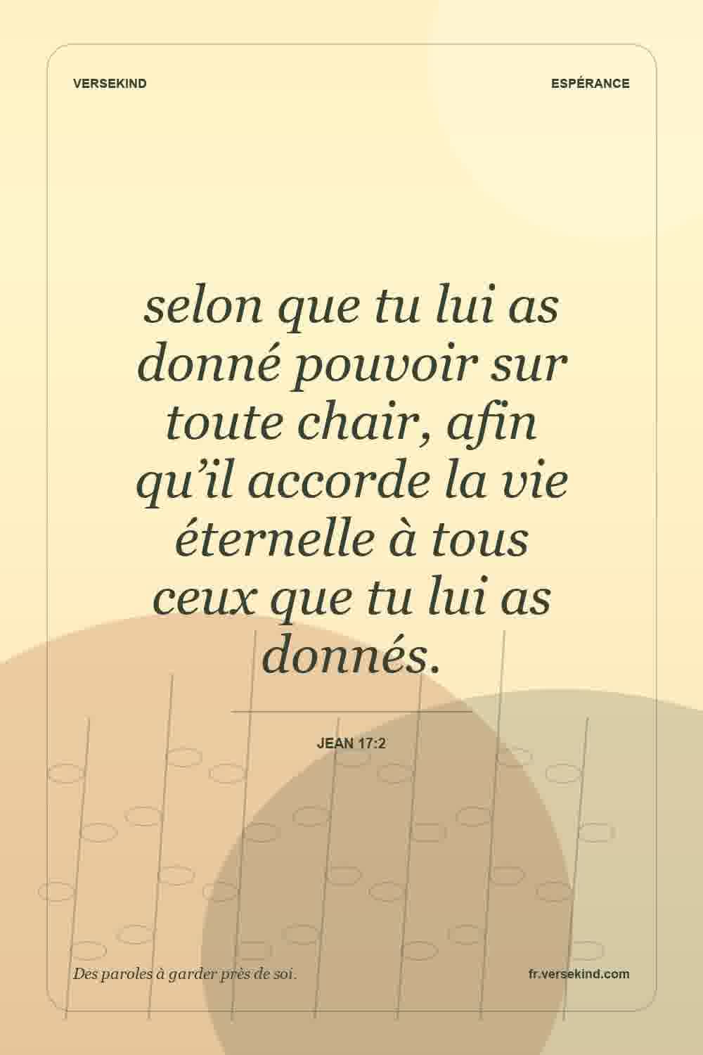 selon que tu lui as donné pouvoir sur toute chair, afin qu’il accorde la vie éternelle à tous ceux que tu lui as donnés. — Jean 17:2