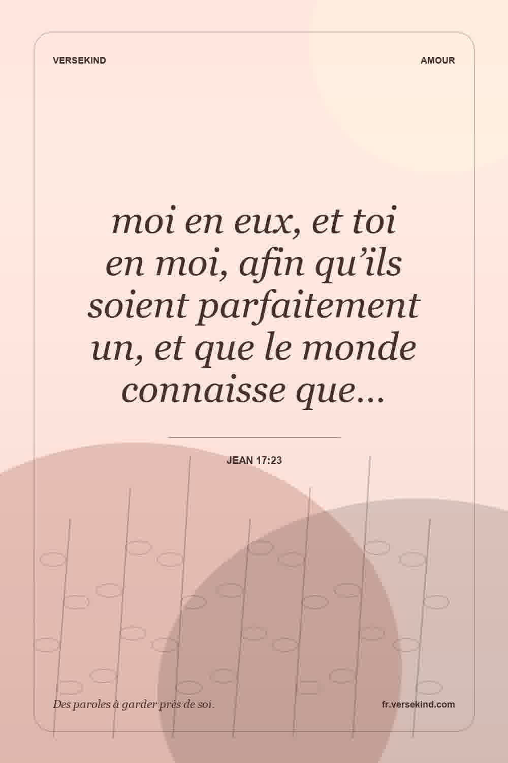 moi en eux, et toi en moi, afin qu’ils soient parfaitement un, et que le monde connaisse que… — Jean 17:23