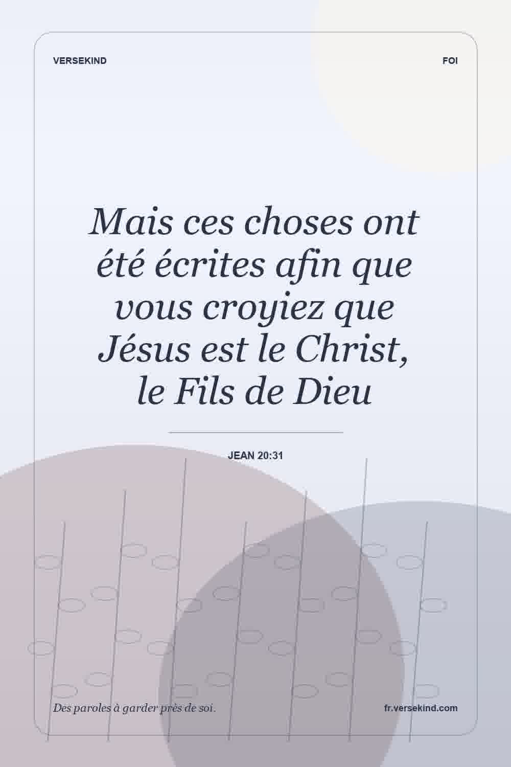 Mais ces choses ont été écrites afin que vous croyiez que Jésus est le Christ, le Fils de Dieu — Jean 20:31