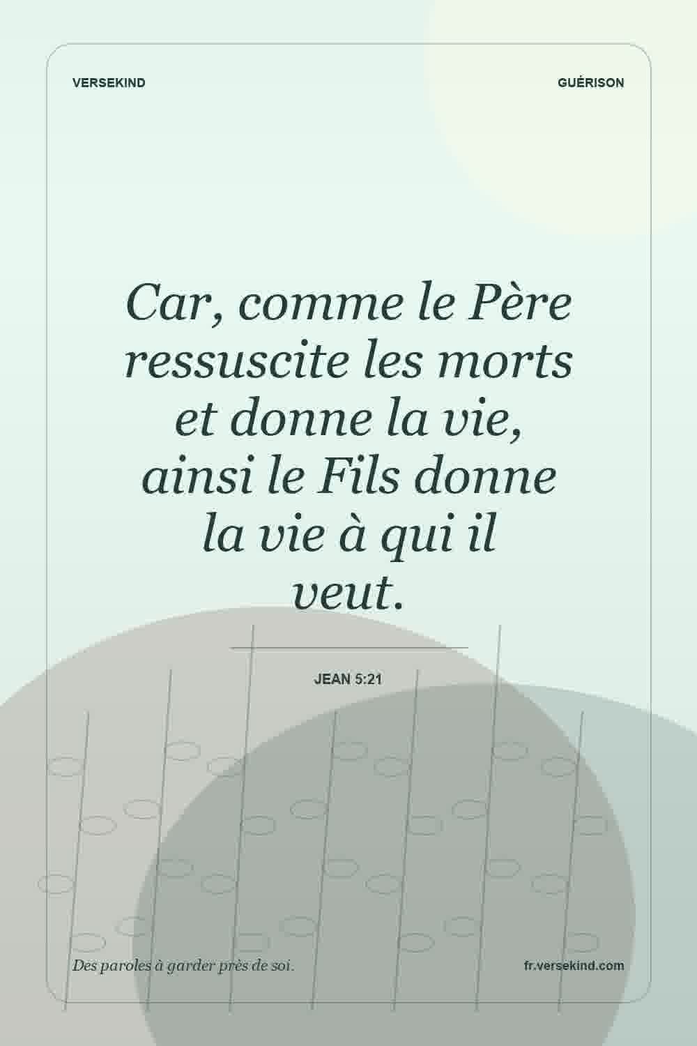 Car, comme le Père ressuscite les morts et donne la vie, ainsi le Fils donne la vie à qui il veut. — Jean 5:21