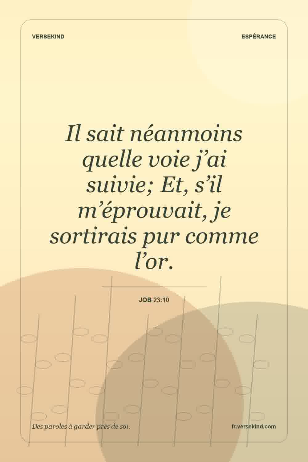 Il sait néanmoins quelle voie j’ai suivie; Et, s’il m’éprouvait, je sortirais pur comme l’or. — Job 23:10