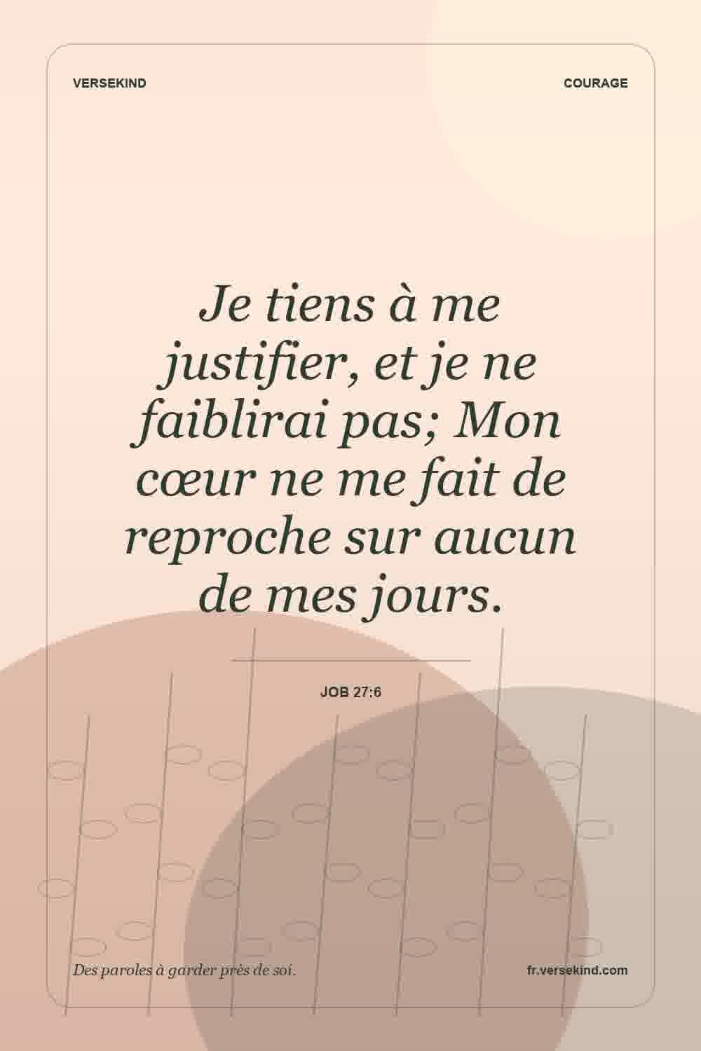 Je tiens à me justifier, et je ne faiblirai pas; Mon cœur ne me fait de reproche sur aucun de mes jours. — Job 27:6