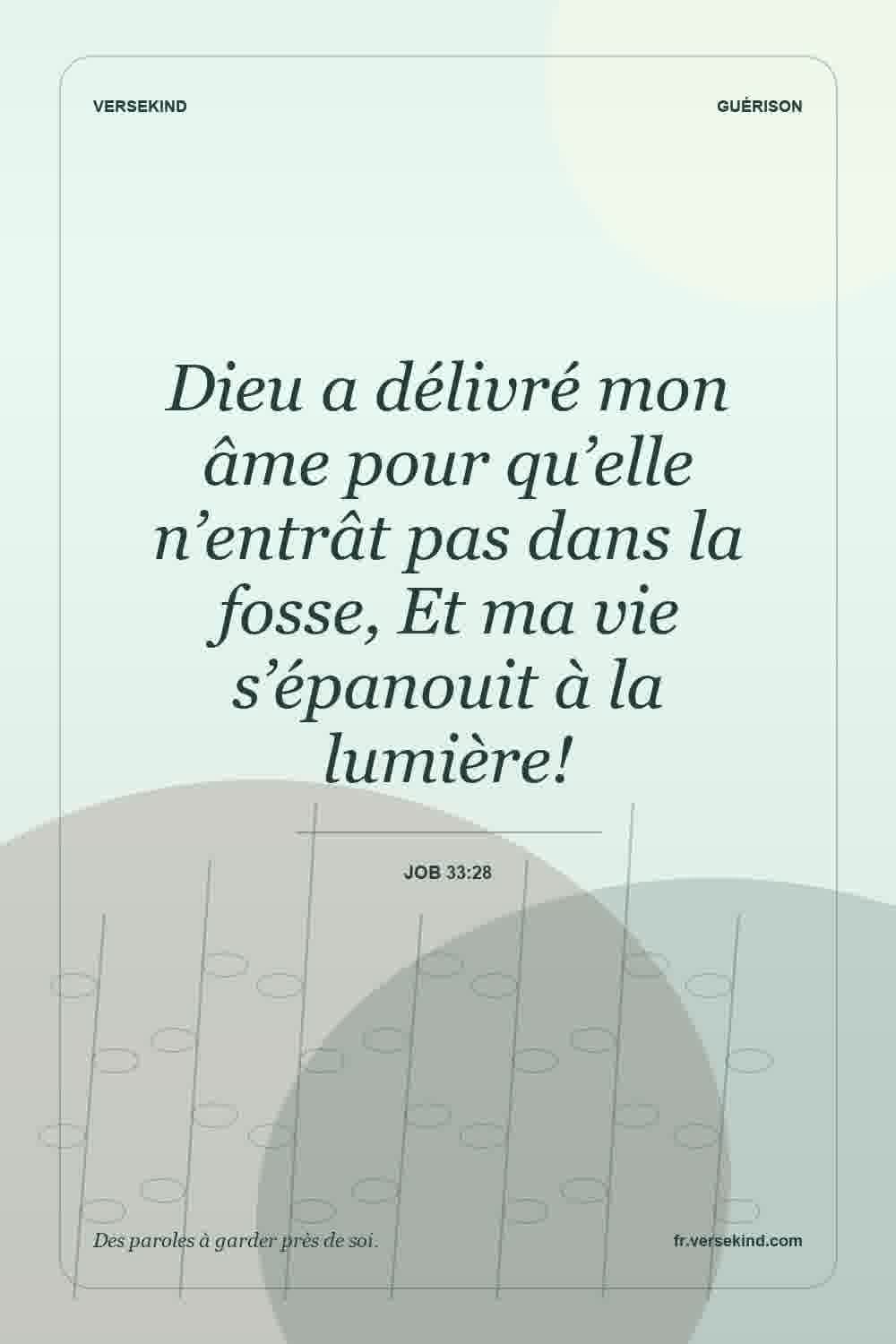 Dieu a délivré mon âme pour qu’elle n’entrât pas dans la fosse, Et ma vie s’épanouit à la lumière! — Job 33:28