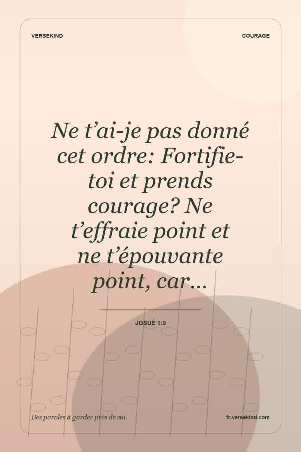 Ne t’ai-je pas donné cet ordre: Fortifie-toi et prends courage? Ne t’effraie point et ne t’épouvante point, car… — Josué 1:9
