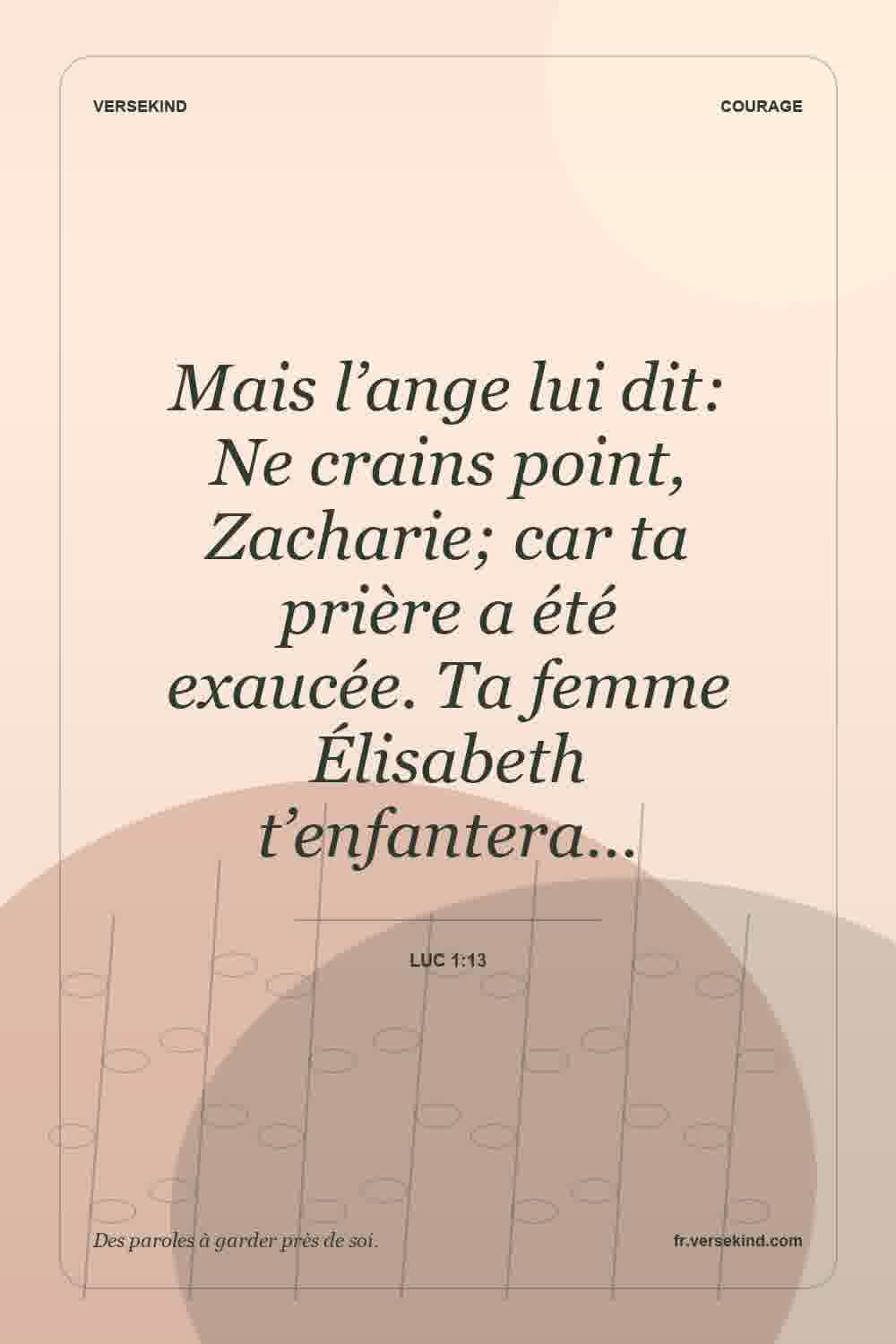 Mais l’ange lui dit: Ne crains point, Zacharie; car ta prière a été exaucée. Ta femme Élisabeth t’enfantera… — Luc 1:13