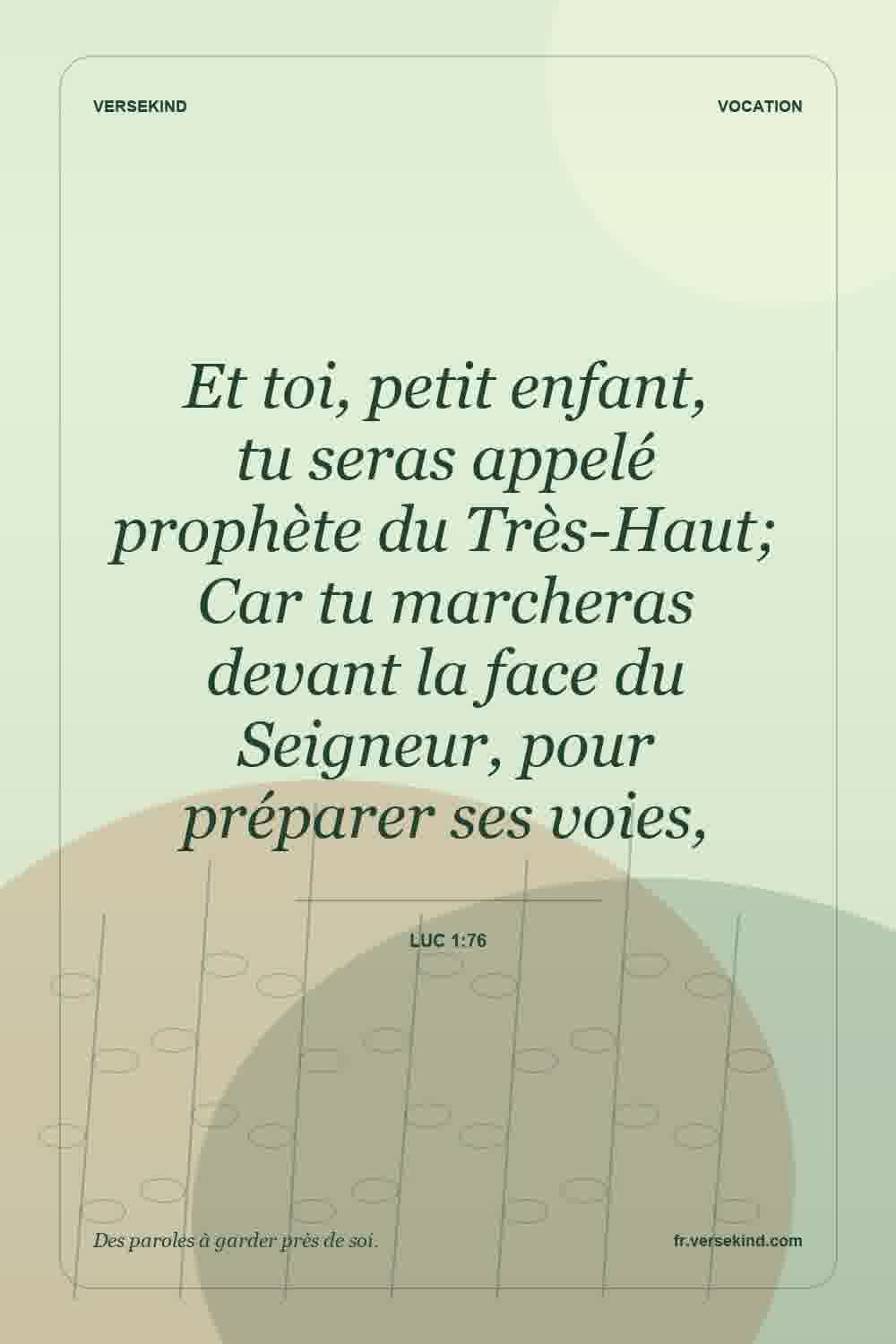 Et toi, petit enfant, tu seras appelé prophète du Très-Haut; Car tu marcheras devant la face du Seigneur, pour préparer ses voies, — Luc 1:76