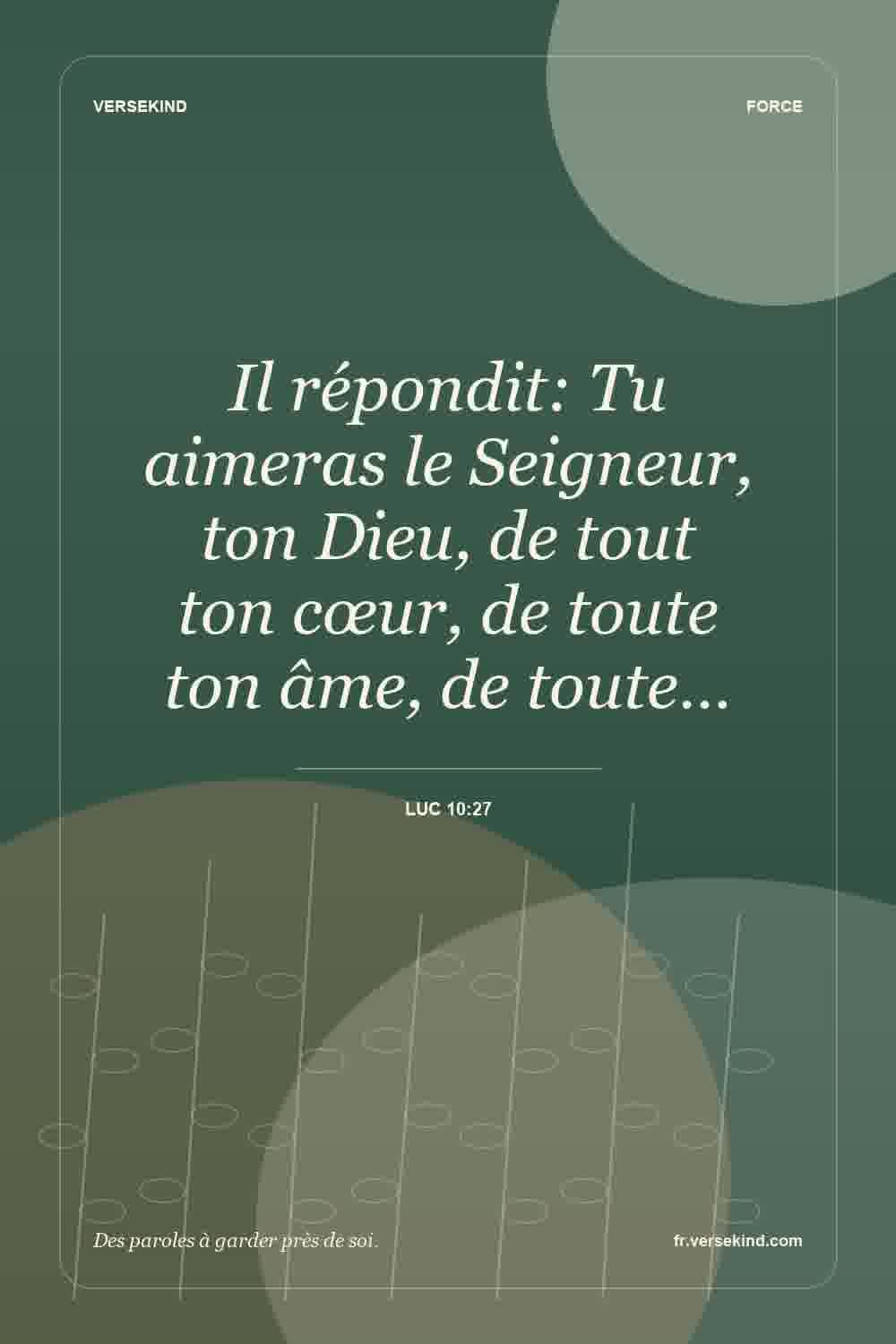 Il répondit: Tu aimeras le Seigneur, ton Dieu, de tout ton cœur, de toute ton âme, de toute… — Luc 10:27