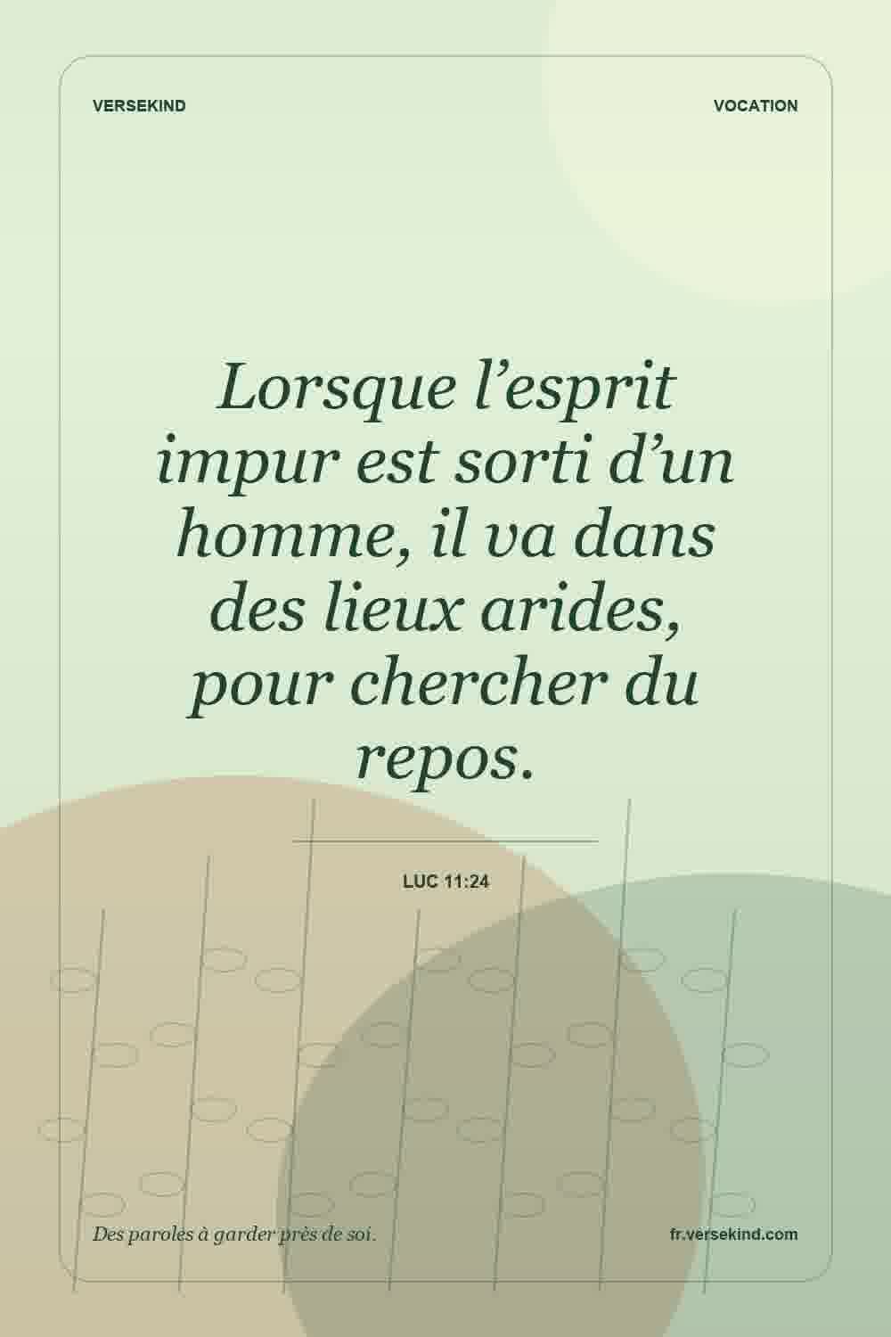 Lorsque l’esprit impur est sorti d’un homme, il va dans des lieux arides, pour chercher du repos. — Luc 11:24
