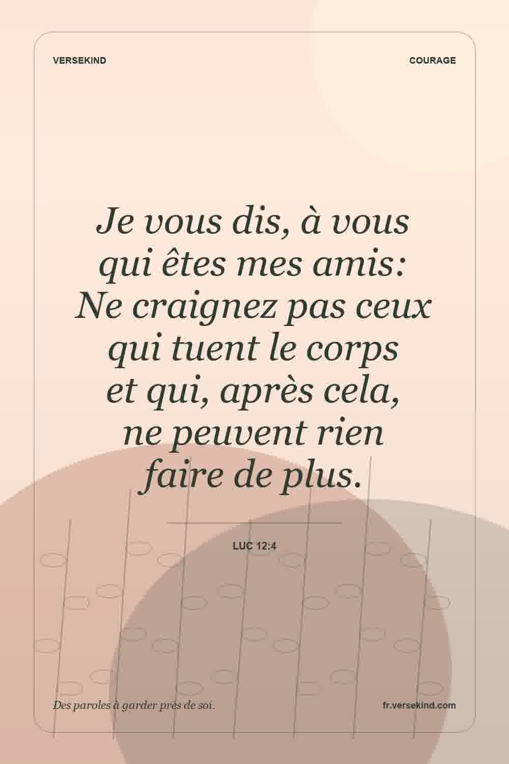 Je vous dis, à vous qui êtes mes amis: Ne craignez pas ceux qui tuent le corps et qui, après cela, ne peuvent rien faire de plus. — Luc 12:4