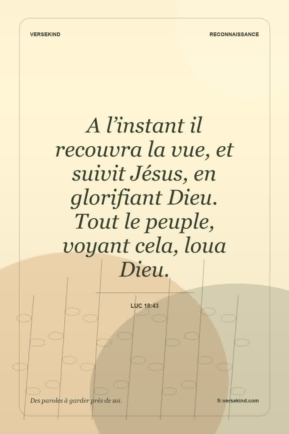 A l’instant il recouvra la vue, et suivit Jésus, en glorifiant Dieu. Tout le peuple, voyant cela, loua Dieu. — Luc 18:43
