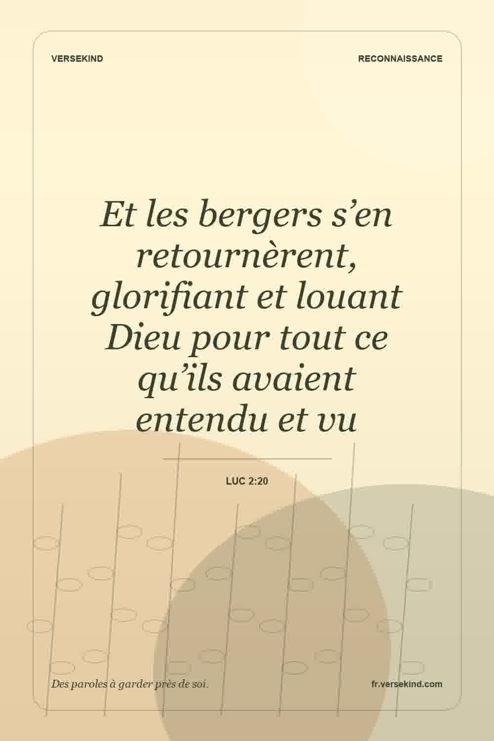 Et les bergers s’en retournèrent, glorifiant et louant Dieu pour tout ce qu’ils avaient entendu et vu — Luc 2:20