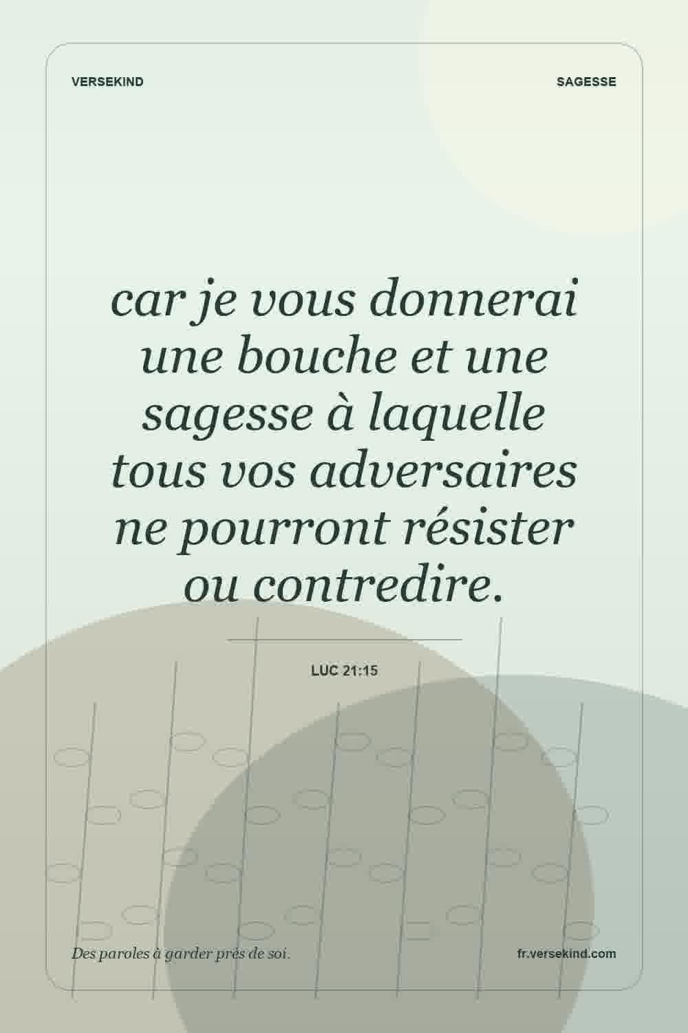 car je vous donnerai une bouche et une sagesse à laquelle tous vos adversaires ne pourront résister ou contredire. — Luc 21:15