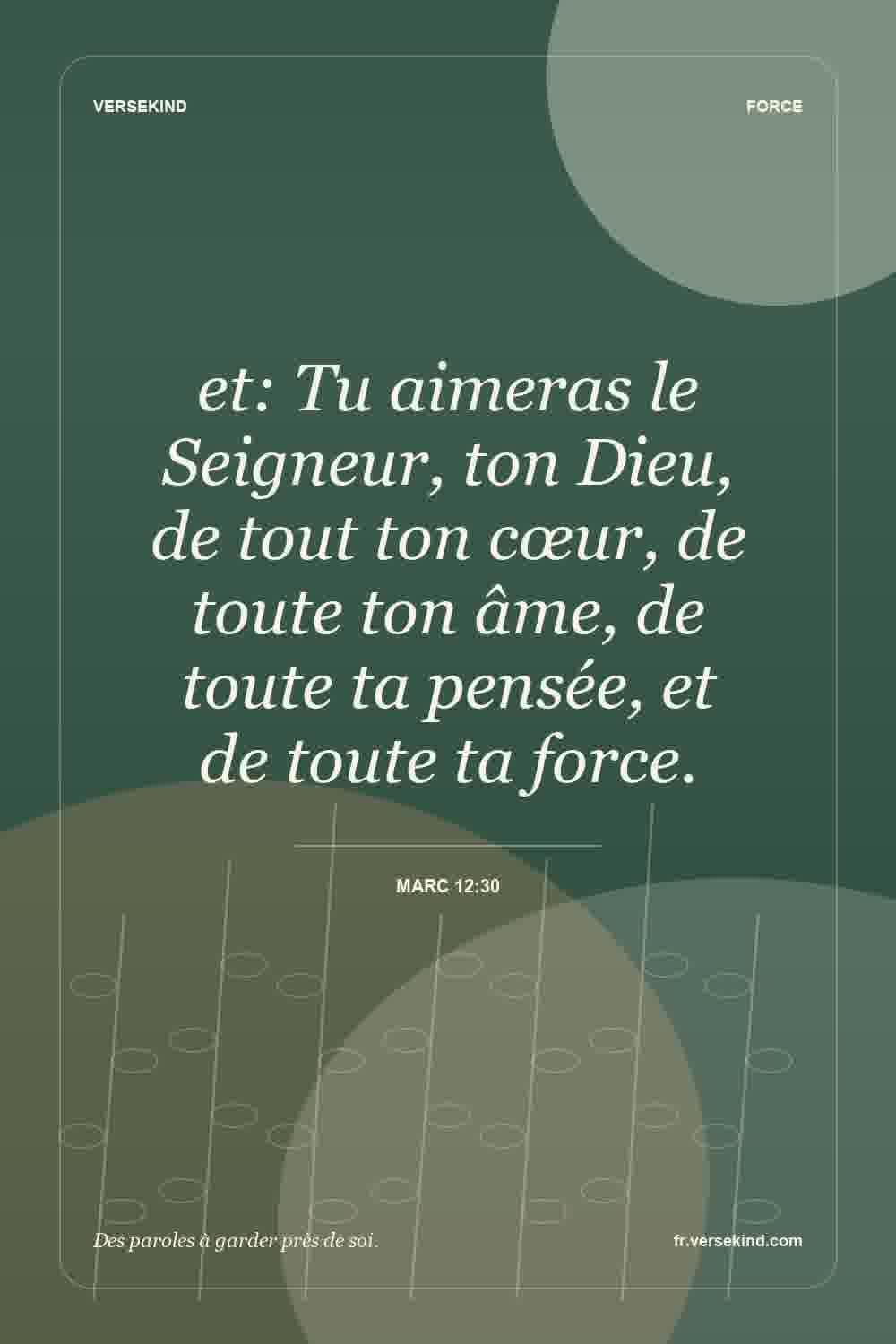 et: Tu aimeras le Seigneur, ton Dieu, de tout ton cœur, de toute ton âme, de toute ta pensée, et de toute ta force. — Marc 12:30