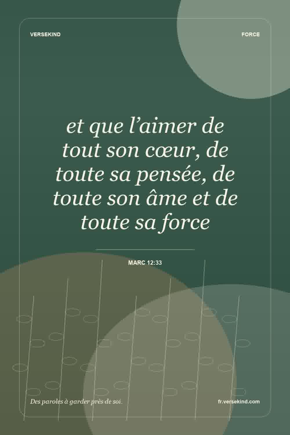 et que l’aimer de tout son cœur, de toute sa pensée, de toute son âme et de toute sa force — Marc 12:33