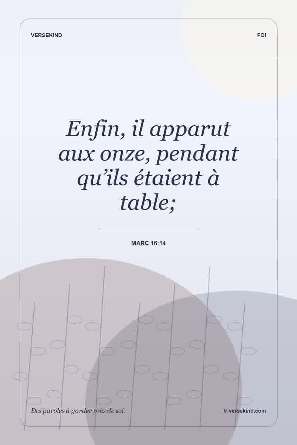 Enfin, il apparut aux onze, pendant qu’ils étaient à table; — Marc 16:14