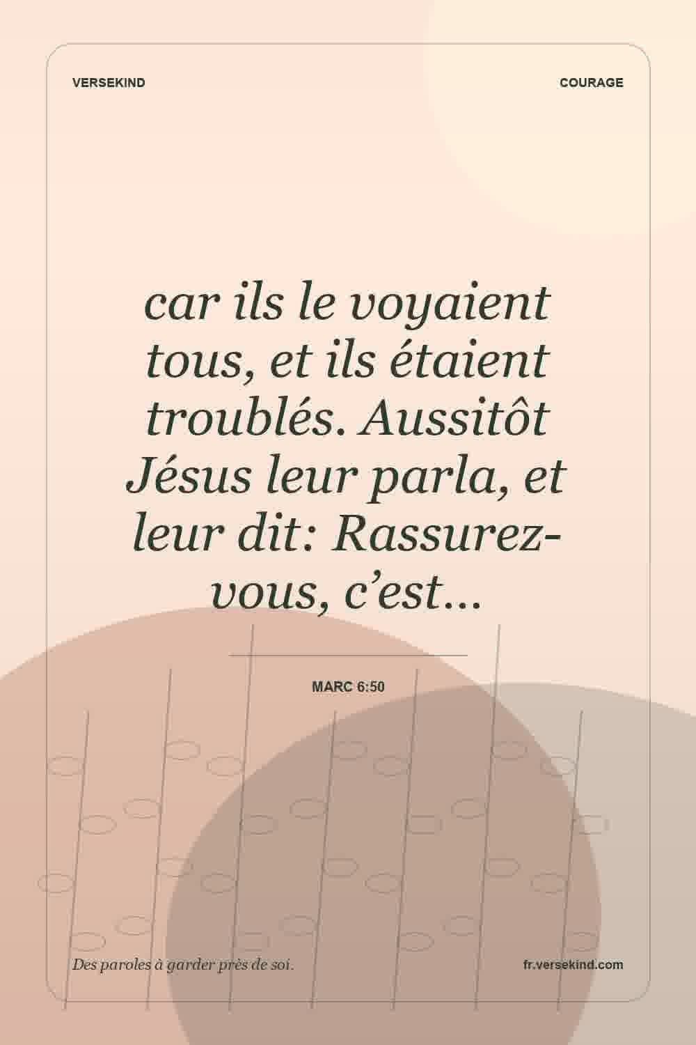 car ils le voyaient tous, et ils étaient troublés. Aussitôt Jésus leur parla, et leur dit: Rassurez-vous, c’est… — Marc 6:50