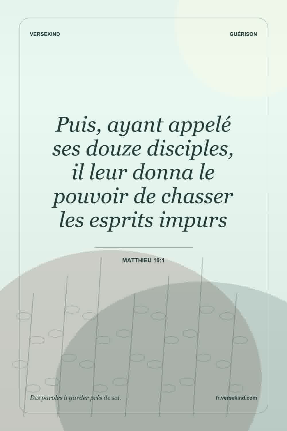 Puis, ayant appelé ses douze disciples, il leur donna le pouvoir de chasser les esprits impurs — Matthieu 10:1