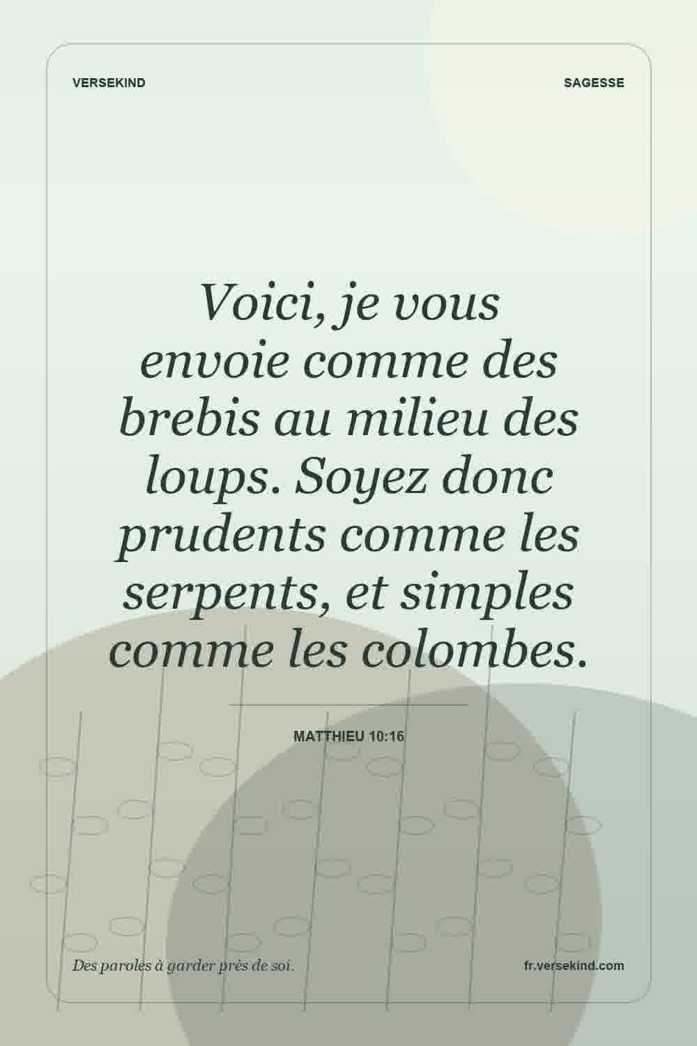 Voici, je vous envoie comme des brebis au milieu des loups. Soyez donc prudents comme les serpents, et simples comme les colombes. — Matthieu 10:16