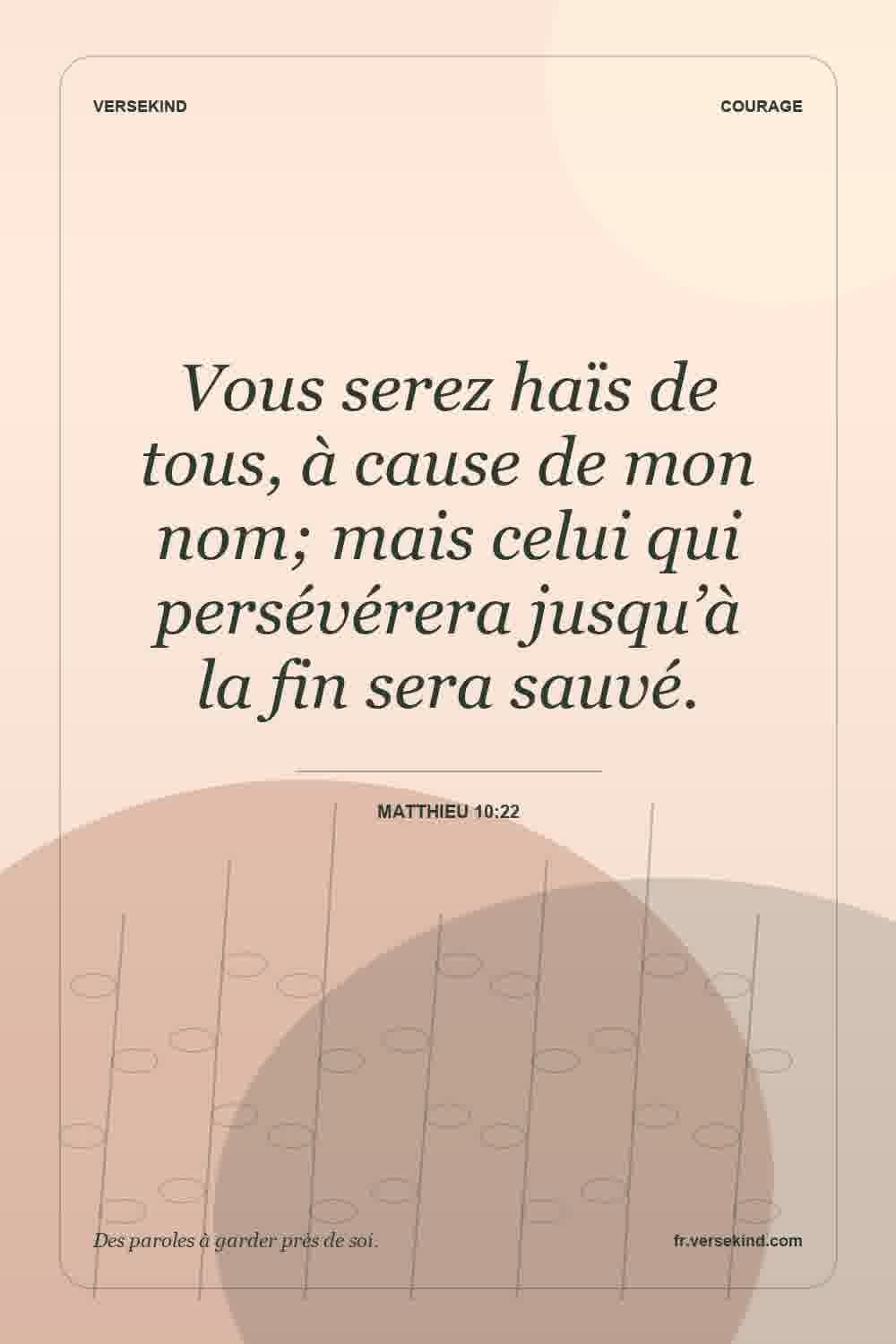 Vous serez haïs de tous, à cause de mon nom; mais celui qui persévérera jusqu’à la fin sera sauvé. — Matthieu 10:22