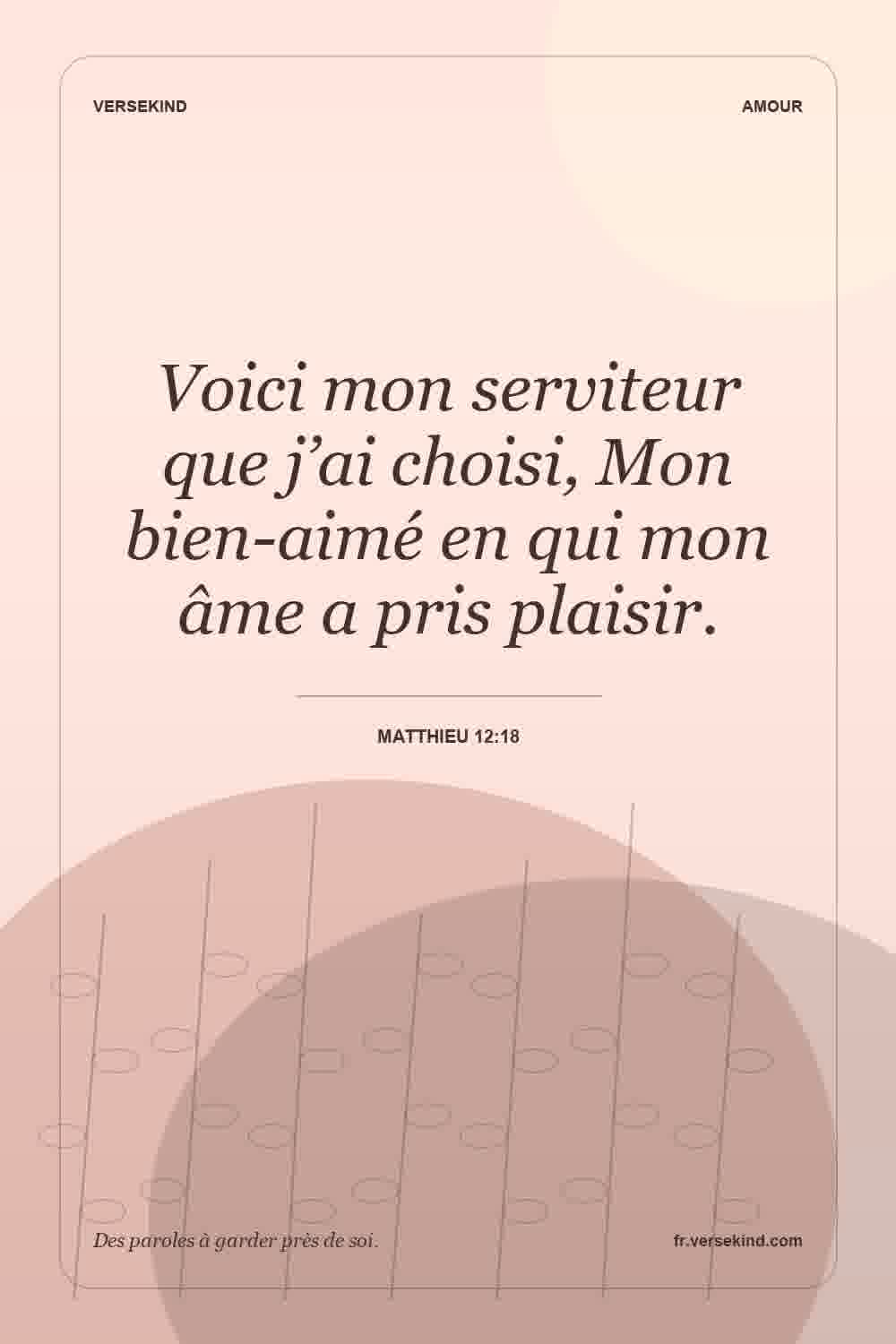 Voici mon serviteur que j’ai choisi, Mon bien-aimé en qui mon âme a pris plaisir. — Matthieu 12:18