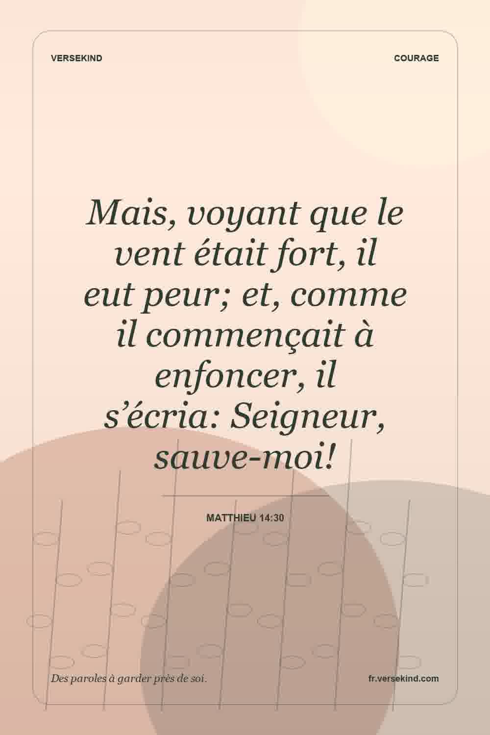 Mais, voyant que le vent était fort, il eut peur; et, comme il commençait à enfoncer, il s’écria: Seigneur, sauve-moi! — Matthieu 14:30