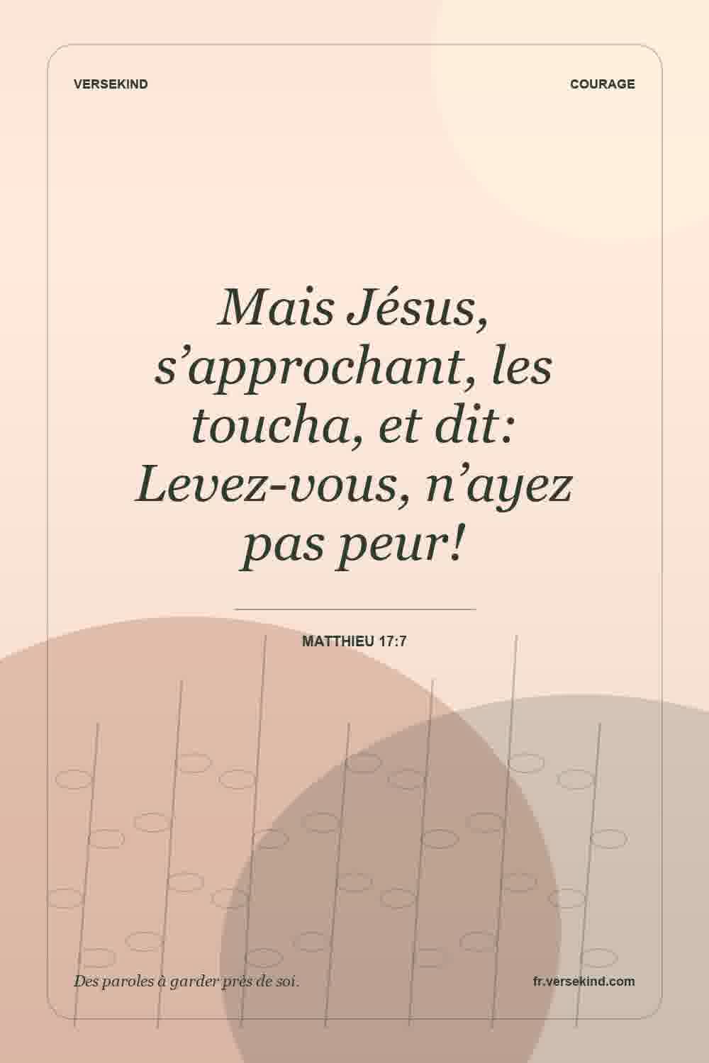 Mais Jésus, s’approchant, les toucha, et dit: Levez-vous, n’ayez pas peur! — Matthieu 17:7