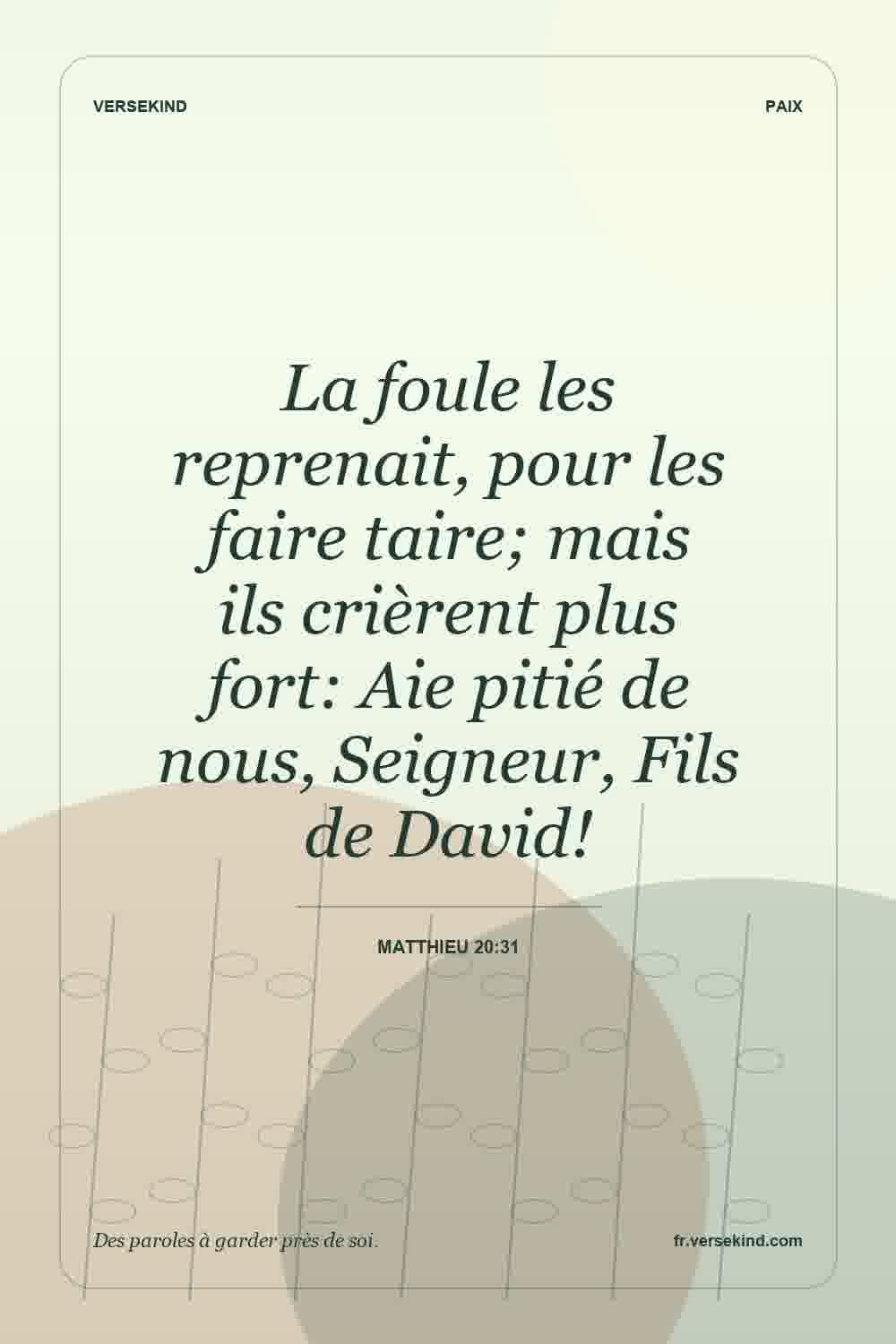 La foule les reprenait, pour les faire taire; mais ils crièrent plus fort: Aie pitié de nous, Seigneur, Fils de David! — Matthieu 20:31