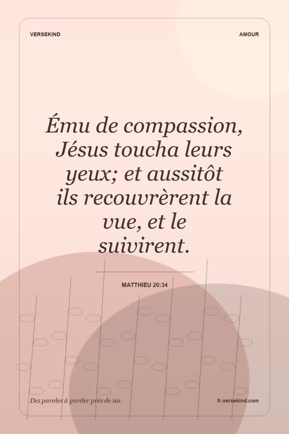 Ému de compassion, Jésus toucha leurs yeux; et aussitôt ils recouvrèrent la vue, et le suivirent. — Matthieu 20:34