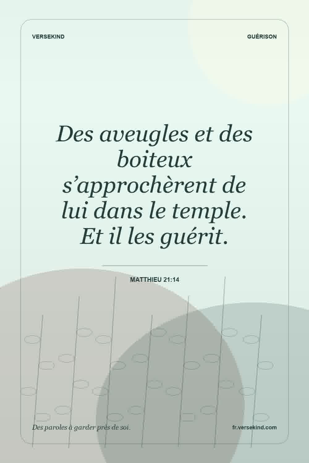 Des aveugles et des boiteux s’approchèrent de lui dans le temple. Et il les guérit. — Matthieu 21:14
