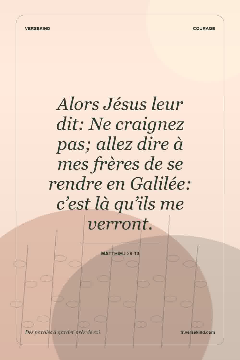 Alors Jésus leur dit: Ne craignez pas; allez dire à mes frères de se rendre en Galilée: c’est là qu’ils me verront. — Matthieu 28:10