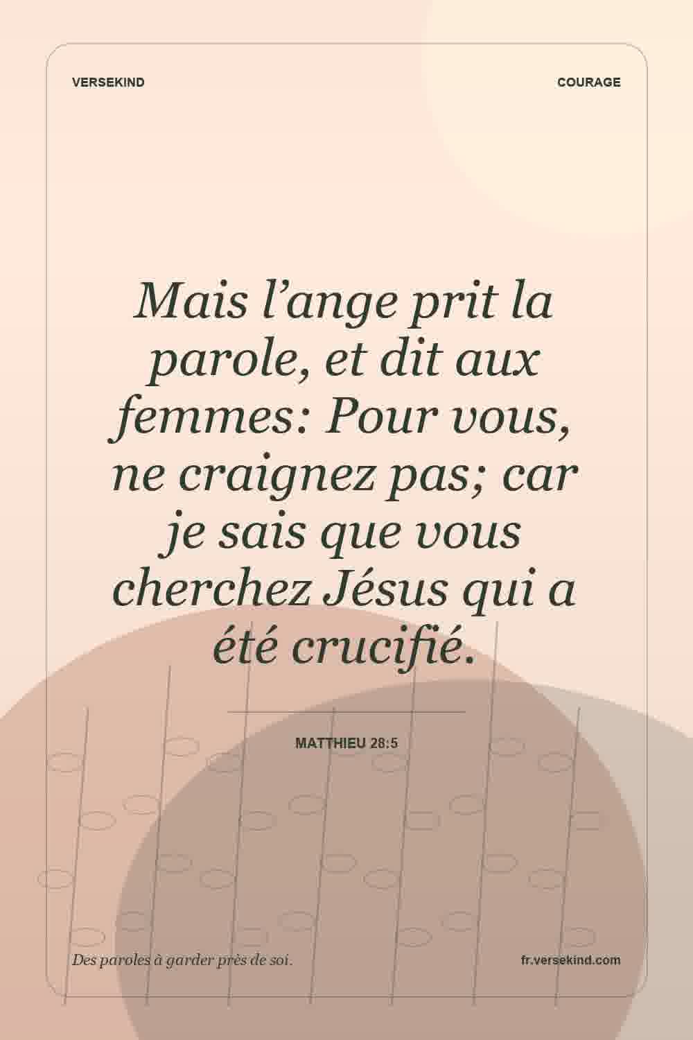 Mais l’ange prit la parole, et dit aux femmes: Pour vous, ne craignez pas; car je sais que vous cherchez Jésus qui a été crucifié. — Matthieu 28:5