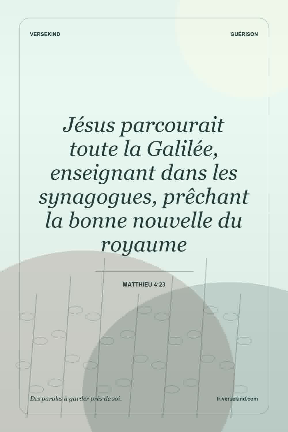Jésus parcourait toute la Galilée, enseignant dans les synagogues, prêchant la bonne nouvelle du royaume — Matthieu 4:23