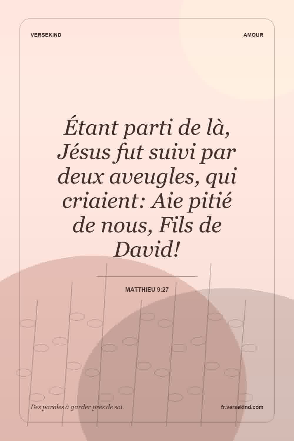 Étant parti de là, Jésus fut suivi par deux aveugles, qui criaient: Aie pitié de nous, Fils de David! — Matthieu 9:27