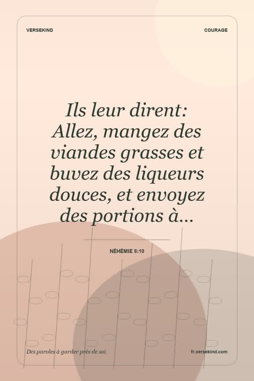 Ils leur dirent: Allez, mangez des viandes grasses et buvez des liqueurs douces, et envoyez des portions à… — Néhémie 8:10