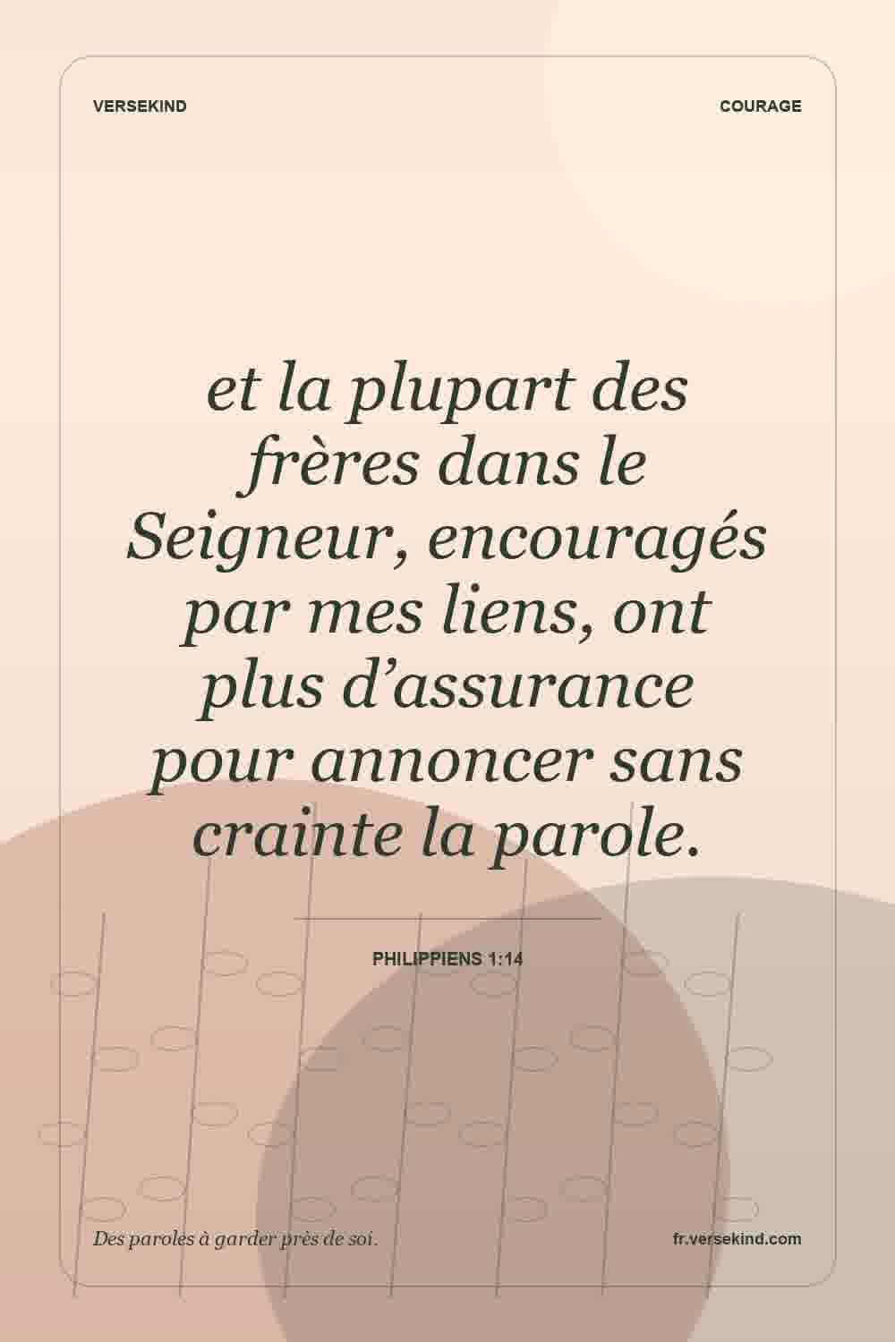 et la plupart des frères dans le Seigneur, encouragés par mes liens, ont plus d’assurance pour annoncer sans crainte la parole. — Philippiens 1:14