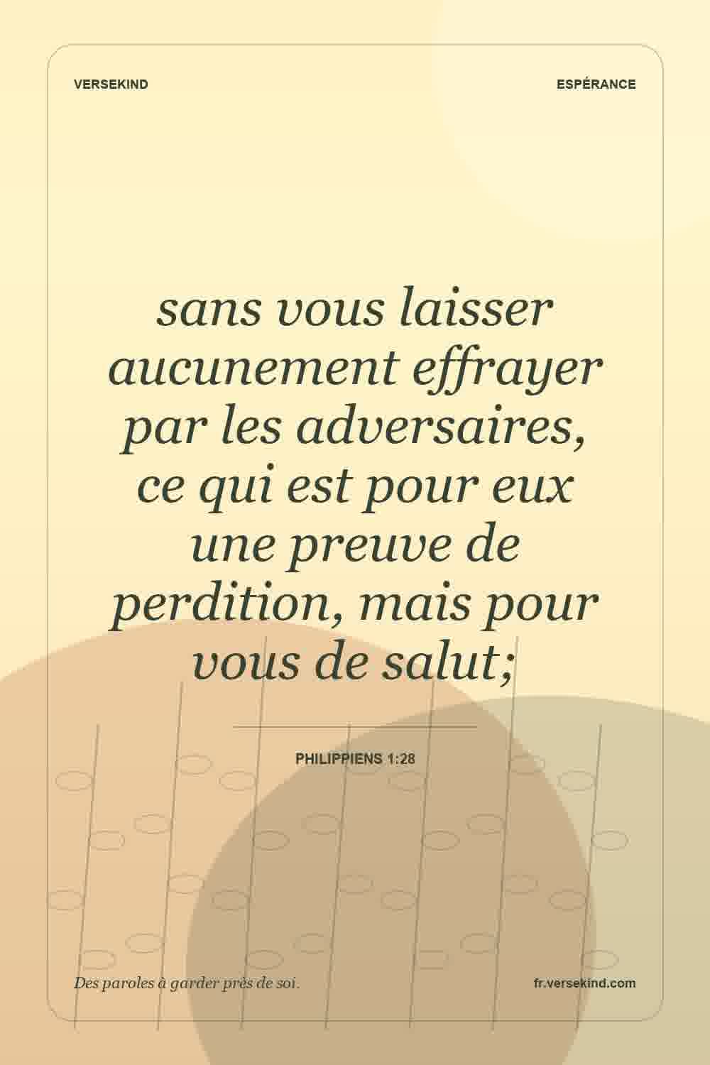 sans vous laisser aucunement effrayer par les adversaires, ce qui est pour eux une preuve de perdition, mais pour vous de salut; — Philippiens 1:28