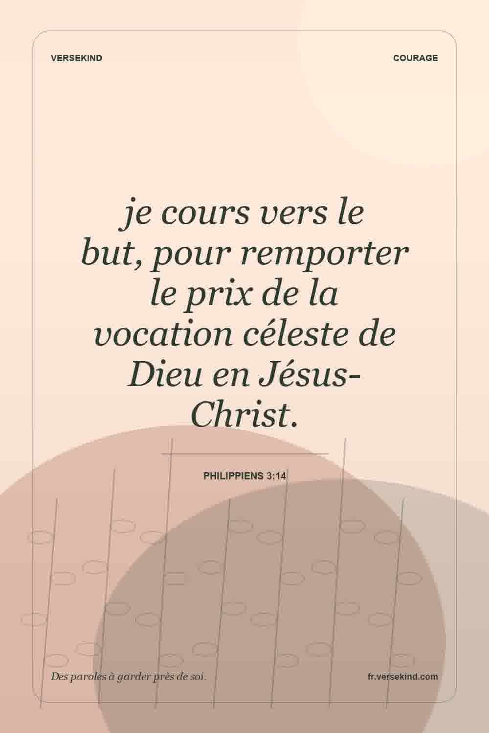 je cours vers le but, pour remporter le prix de la vocation céleste de Dieu en Jésus-Christ. — Philippiens 3:14