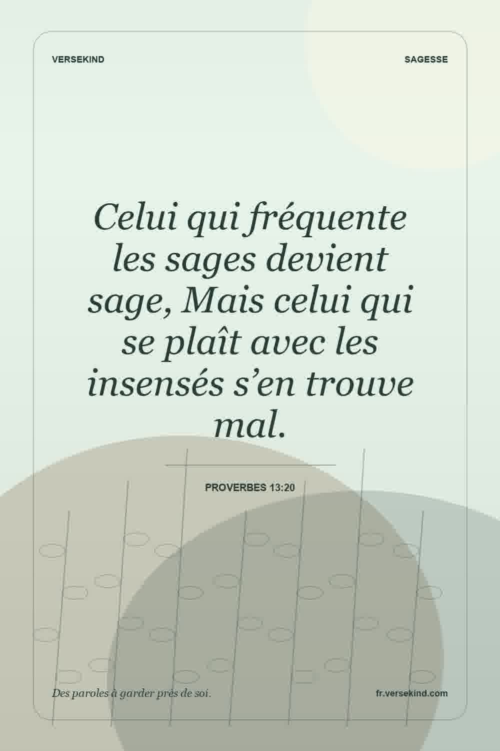 Celui qui fréquente les sages devient sage, Mais celui qui se plaît avec les insensés s’en trouve mal. — Proverbes 13:20