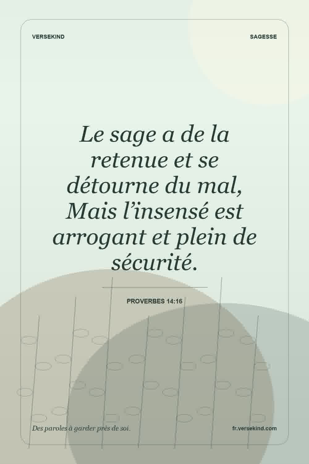 Le sage a de la retenue et se détourne du mal, Mais l’insensé est arrogant et plein de sécurité. — Proverbes 14:16