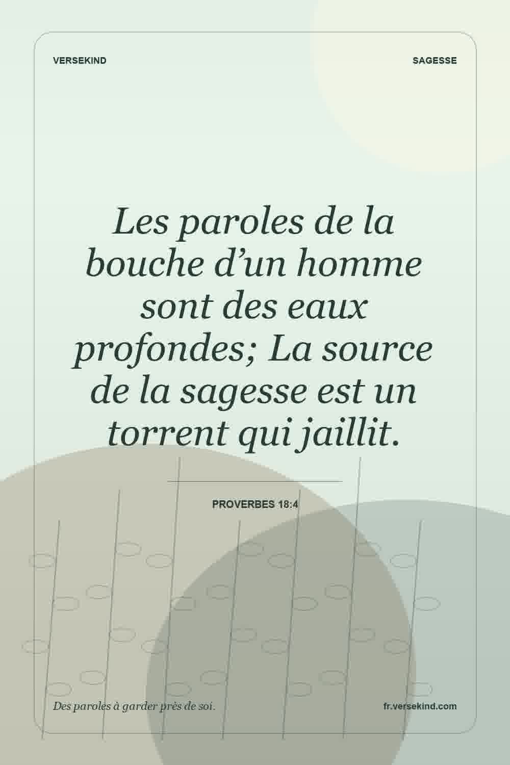 Les paroles de la bouche d’un homme sont des eaux profondes; La source de la sagesse est un torrent qui jaillit. — Proverbes 18:4